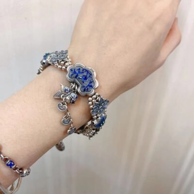 Pure Silver Floral Ruyi Lock Vintage Beaded Bracelet