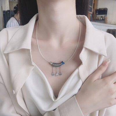Sterling Silver Yellow Blue Enamel 3 Tassel Necklace