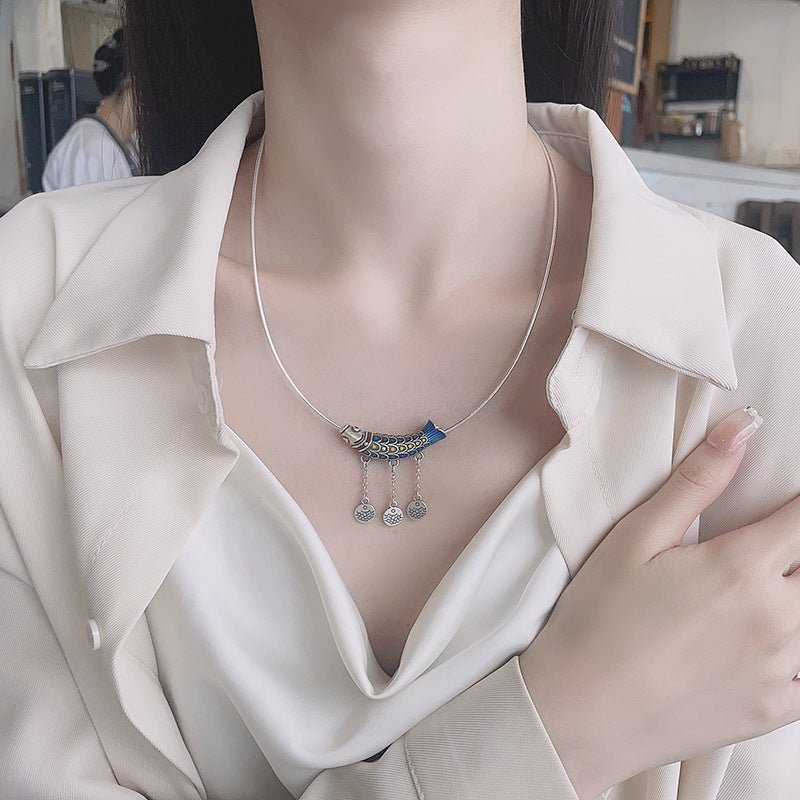 Sterling Silver Yellow Blue Enamel 3 Tassel Necklace
