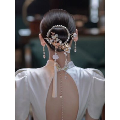 Lotus Leaf Flower Pearl Tassel Hairpin w/ Back Plate